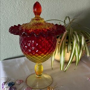 Vintage Fenton Amberina Diamond Point Ruffled Compote Candy Dish - Glows